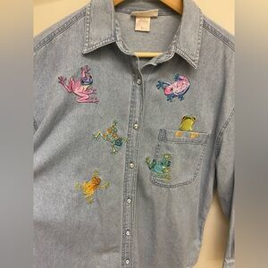 Tia Designs Frog 100%cotton Button Up JeanShirt size L